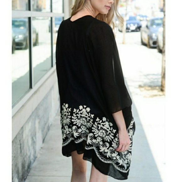 3 Left! Black Floral Embroidered Stitch Kimono - Picture 3 of 3